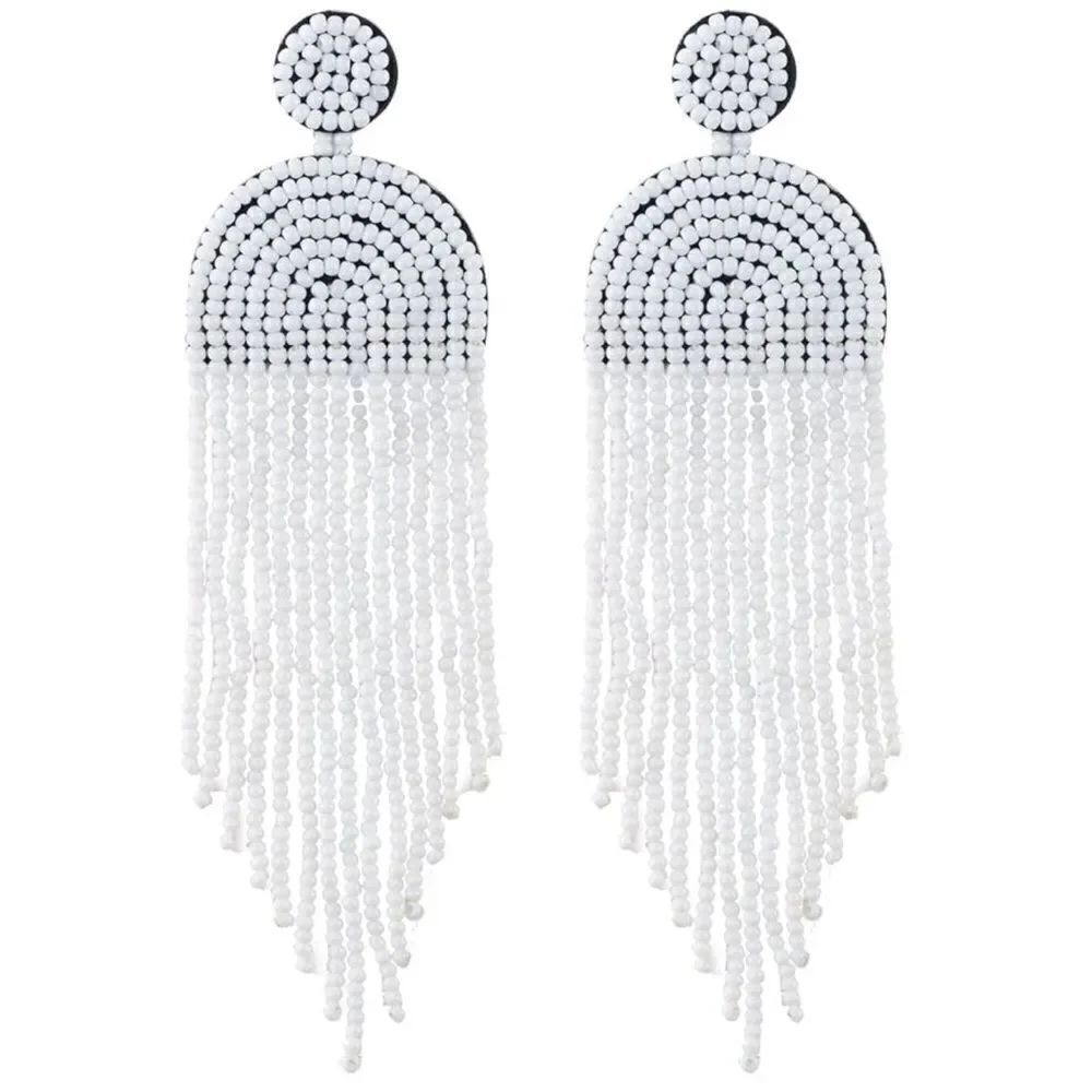 Long Boho White Beaded Tassel Fringe Dangling Drop Fan Chandelier Post Earrings